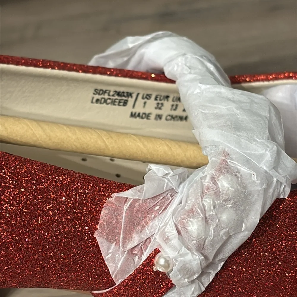 NIB Mary Jane GIRLS SZ 1 RED GLITTER DRESS Shoes LOW HEEL w/Pearls & Rhinestones